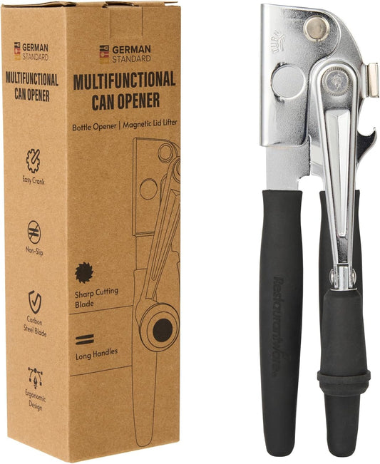 Restaurantware Stainless Steel Magnetic Manual Can Opener - German Standard Red Crank Can Opener with Magnet, Ergonomic Handles, Non-Slip - Heavy-Duty Hand Can Opener, Easy Turn, Sharp Blade