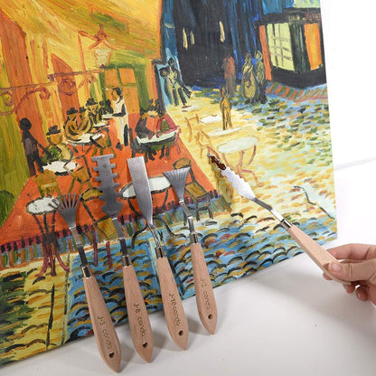 CONDA Palette Knife Painting Stainless Steel Spatula Palette Knife Oil Paint Metal Knives Wood Handle (Red 5 Piece)