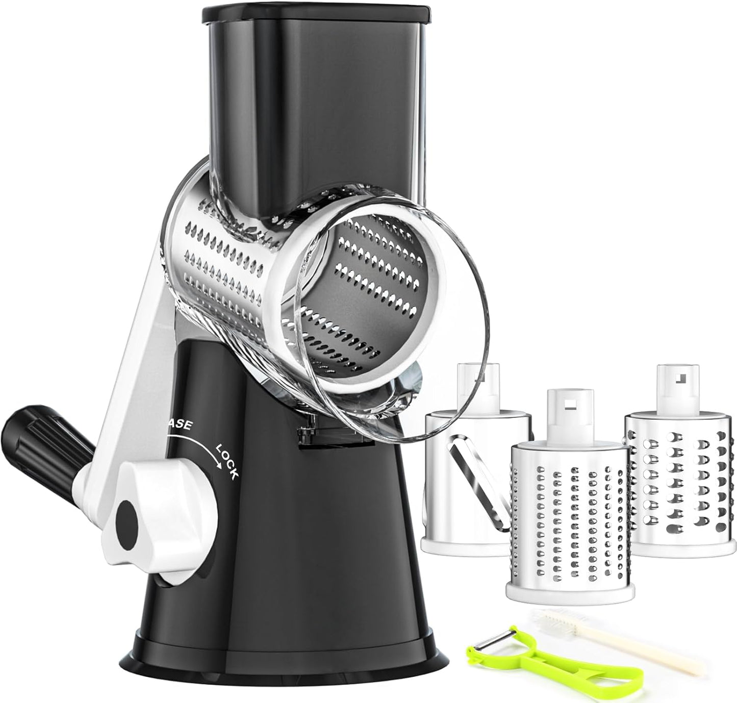 Ourokhome Rotary Cheese Grater Hand Crank, Kitchen Shredder Speed Mandolin Slicer Nut Grinder with Handle and Drum Blades for Cheese, Vegetable, Walnut, Chocolate, Potato, Carrot, 3 Blades, Dark Blue