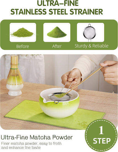 ZENS Pink Matcha Set, Matcha Whisk Set Includes 15oz Ceramic Bowl & (Chasen Holder), Bamboo Whisk & Scoop, Sifter and Pink Tea Towel, 6pcs Matcha Kit for Matcha Lovers