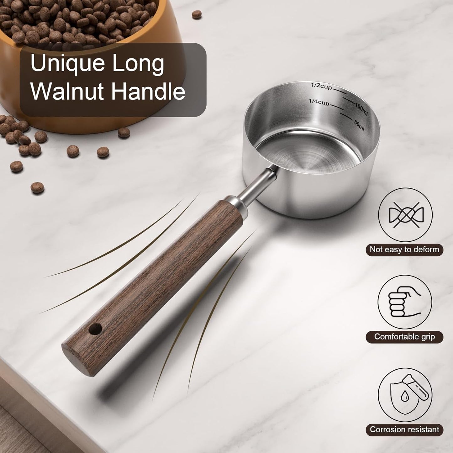 Food Scoop Measuring Cup - 1/4 Cup (4 Tablespoon | 2 Oz. | 60 mL),304 stainless steels,Black walnut long handle
