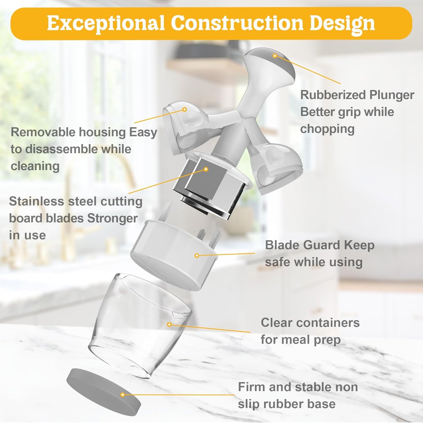 Food Chopper with Container – Manual Onion & Vegetable Chopper, 360° Stainless Steel Blades, Handheld Garlic Nut Veggie Cutter, Dishwasher Safe, Easy to Clean, White