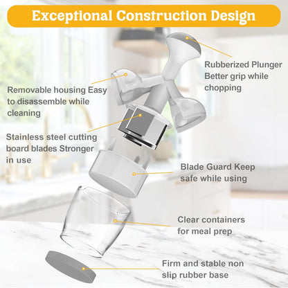 Food Chopper with Container – Manual Onion & Vegetable Chopper, 360° Stainless Steel Blades, Handheld Garlic Nut Veggie Cutter, Dishwasher Safe, Easy to Clean, White