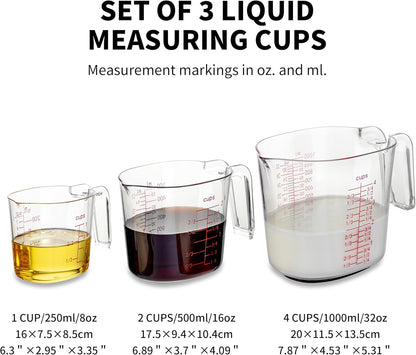 3-Piece Nesting Liquid Measuring Cups Set, Clear Plastic Measuring Jugs with Spout and Multiple Measurement Scales, 1 Cup, 2 Cup, 4 Cup for Baking and Cooking