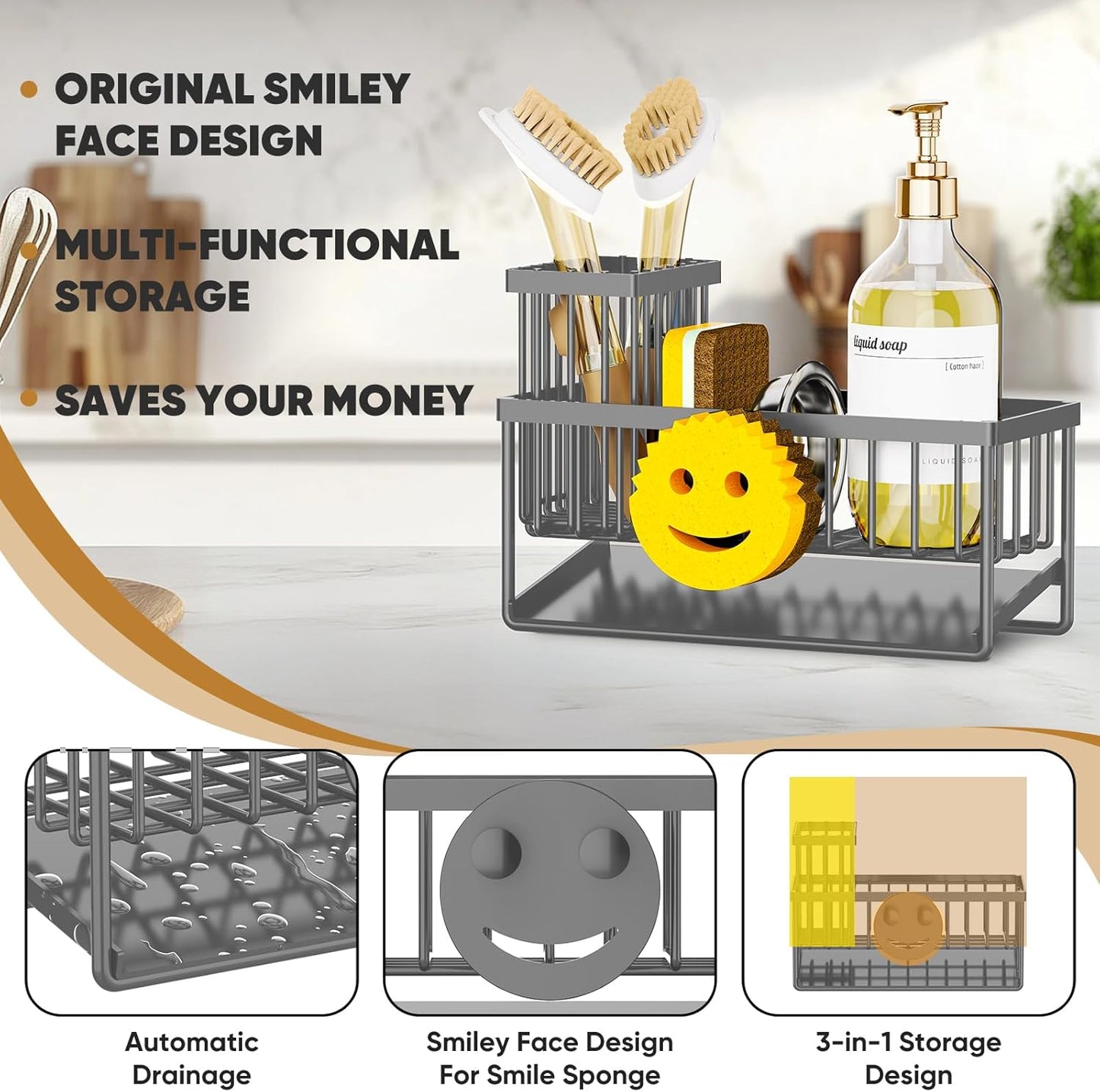 Sponge Holder for Kitchen Sink,Smiley Face Sink Caddy with Removable Brush Holder,Self-Draining Sponge Caddy for Sponge,Soap,Dish Brush,Scrubber,Kitchen Essentials and Gadgets