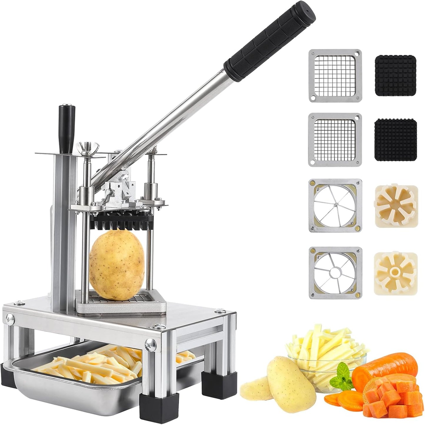 Commercial Vegetable Fruit Chopper, Stainless Steel French Fry Cutter with 4 Replacement Blades, Heavy Duty Vegetable Chopper Dicer for Potato Onion Carrot Cucumber