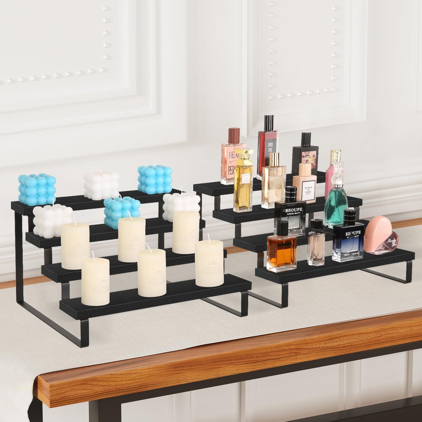 YINMIT Wooden Display Riser Stand, Tiered Perfume and Cologne Organizer Stand, 4 Tier Spice Rack Organizer, Rustic Display Shelf for Candles (4 Tier)