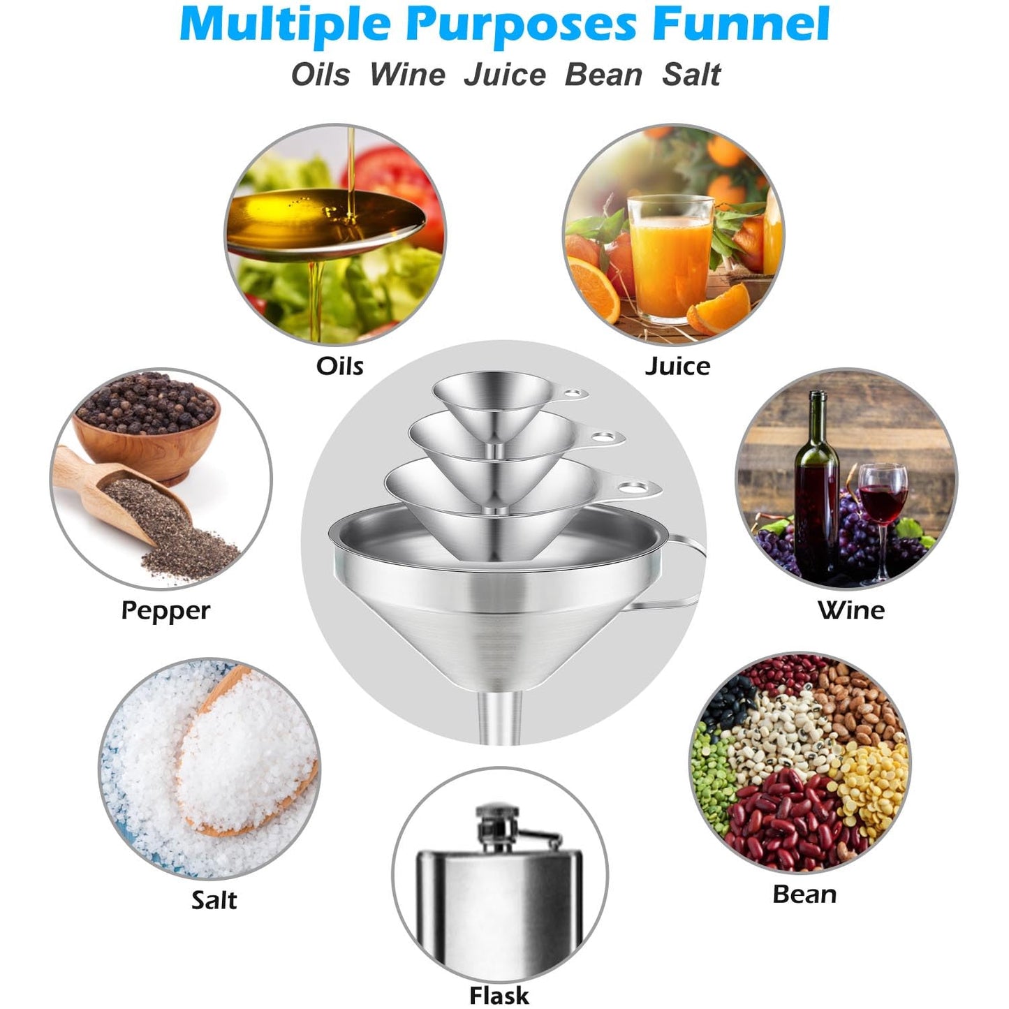 Toncoo 3 Pack Stainless Steel Funnels for Kitchen Use, Food Grade Cooking Funnel with 3 Strainer, Kitchen Funnel Set Metal Funnels for Filling Bottles