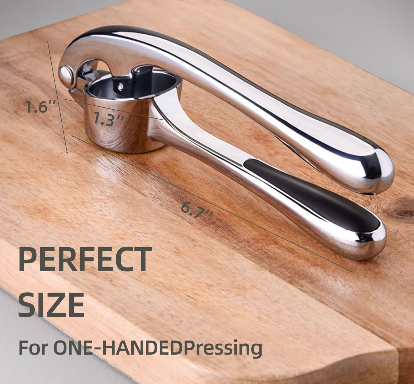 Garlic press for fine mincing, heavy-duty garlic press joystick, rust proof zinc alloy material, ergonomic handle, equipped with silicone peeler and cleaning brush, dishwasher washable, bright silver
