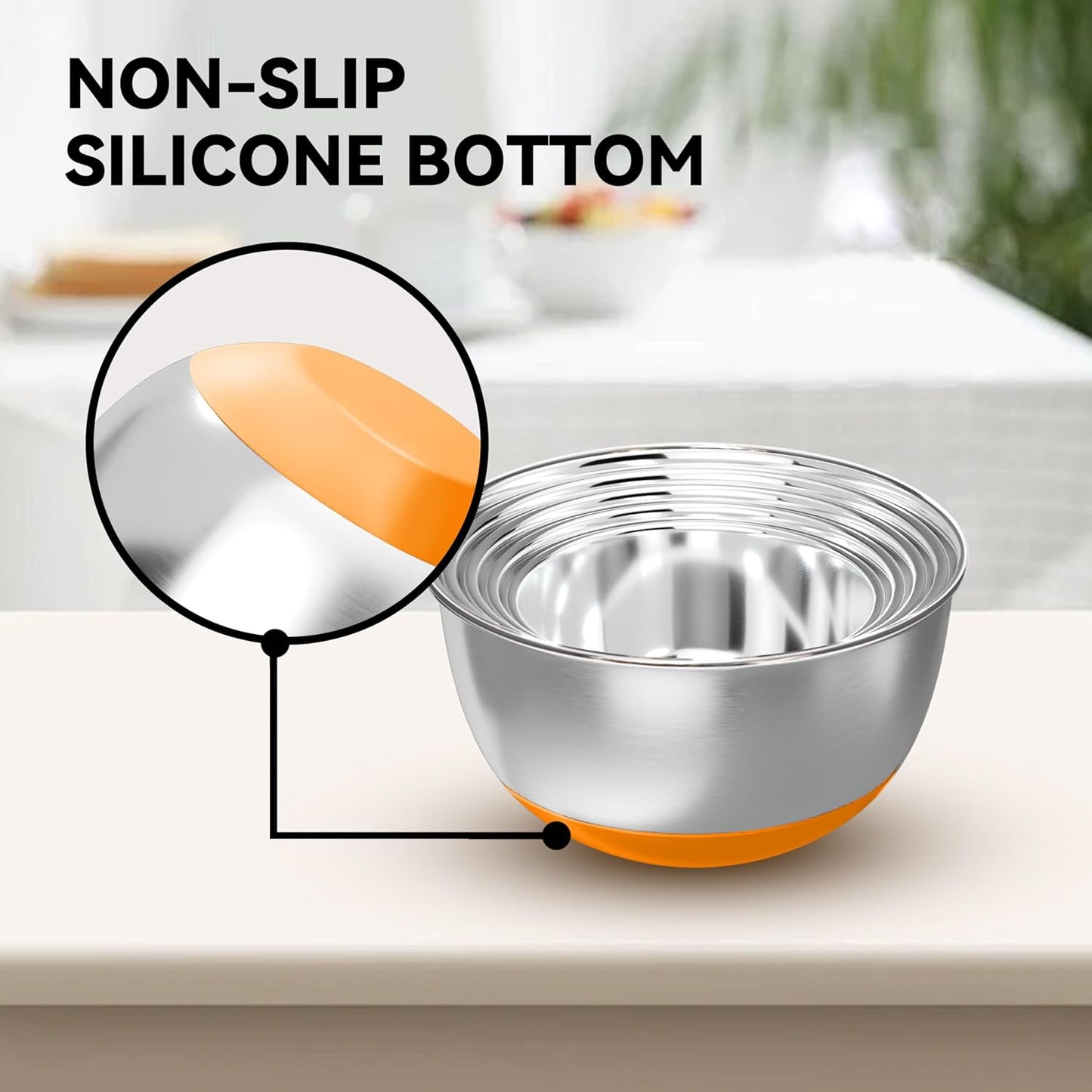 KITEISCAT Stainless Steel Mixing Bowls with Lids – Set of 5 Large Nesting Metal Bowls for Kitchen, Baking, Cooking, Food Prep & Storage, Non-Slip Base, Dishwasher Safe,Khaki