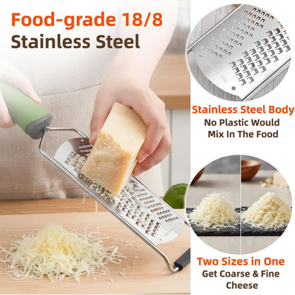 12.2" Cheese Grater, Heavy Duty 304 Stainless Steel Paddle Grater for Kitchen, Handheld Dual-Sided Coarse & Fine Shredder for Block Cheese, Nutmeg, Lemon, Ginger, Chocolate, Dishwasher Safe