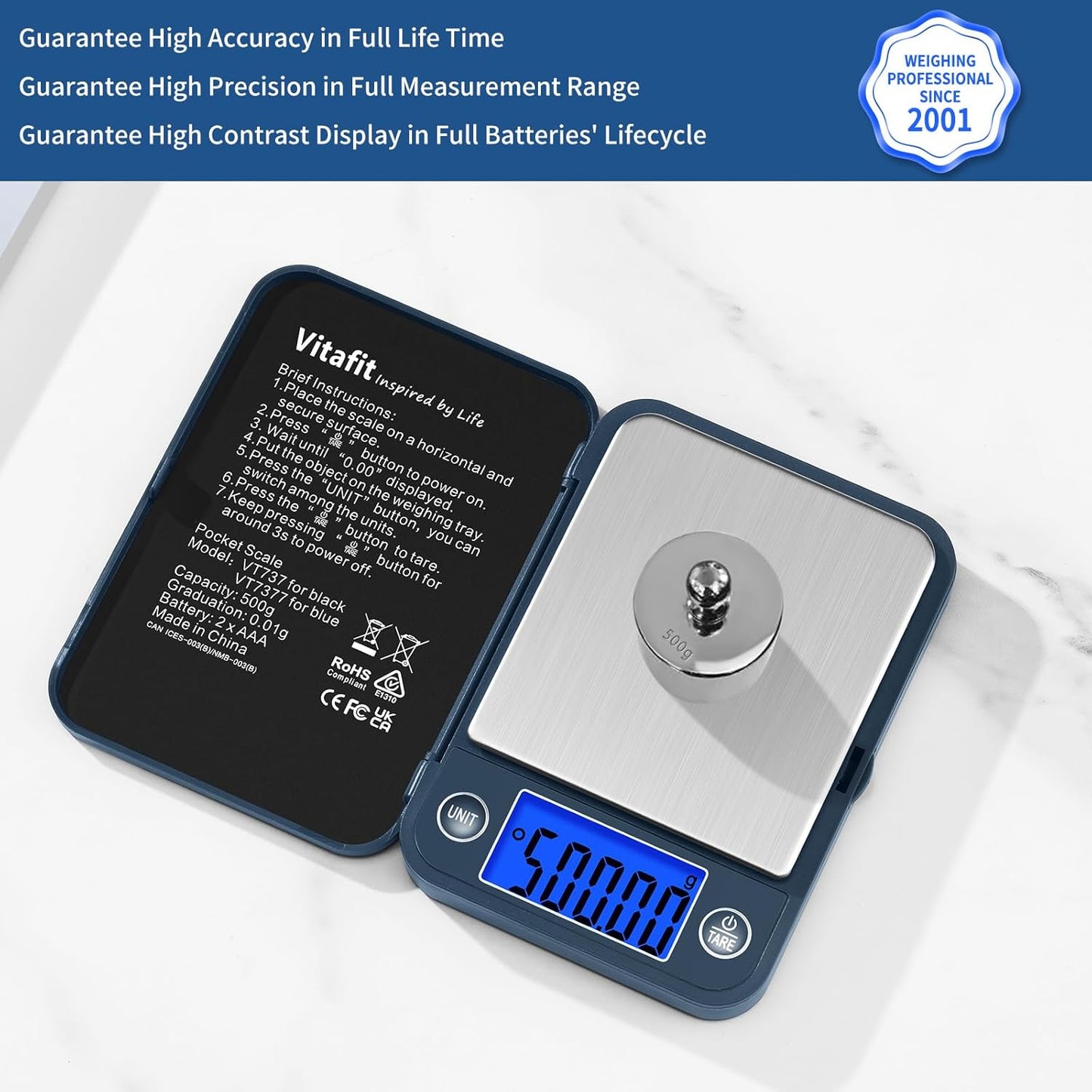 Vitafit 500g Digital Pocket Scale,High Accuracy Assured by Scale Professional Factory Since 2001, Gram Scale 0.01g for Multifunction: Lab,Food, Kitchen,Coffee,Jewelry; Black