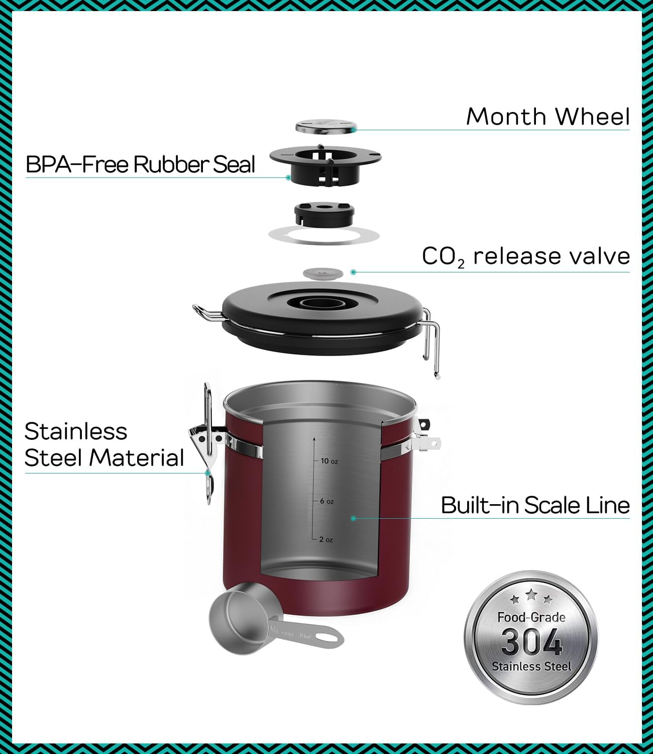 Coffee Gator Stainless Steel Canister - Medium 16oz, Gray Coffee Grounds and Beans Container with Date-Tracker, CO2-Release Valve, and Measuring Scoop - Ideal Coffee Lovers Gifts
