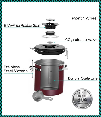 Coffee Gator Stainless Steel Canister - Medium 16oz, Gray Coffee Grounds and Beans Container with Date-Tracker, CO2-Release Valve, and Measuring Scoop - Ideal Coffee Lovers Gifts