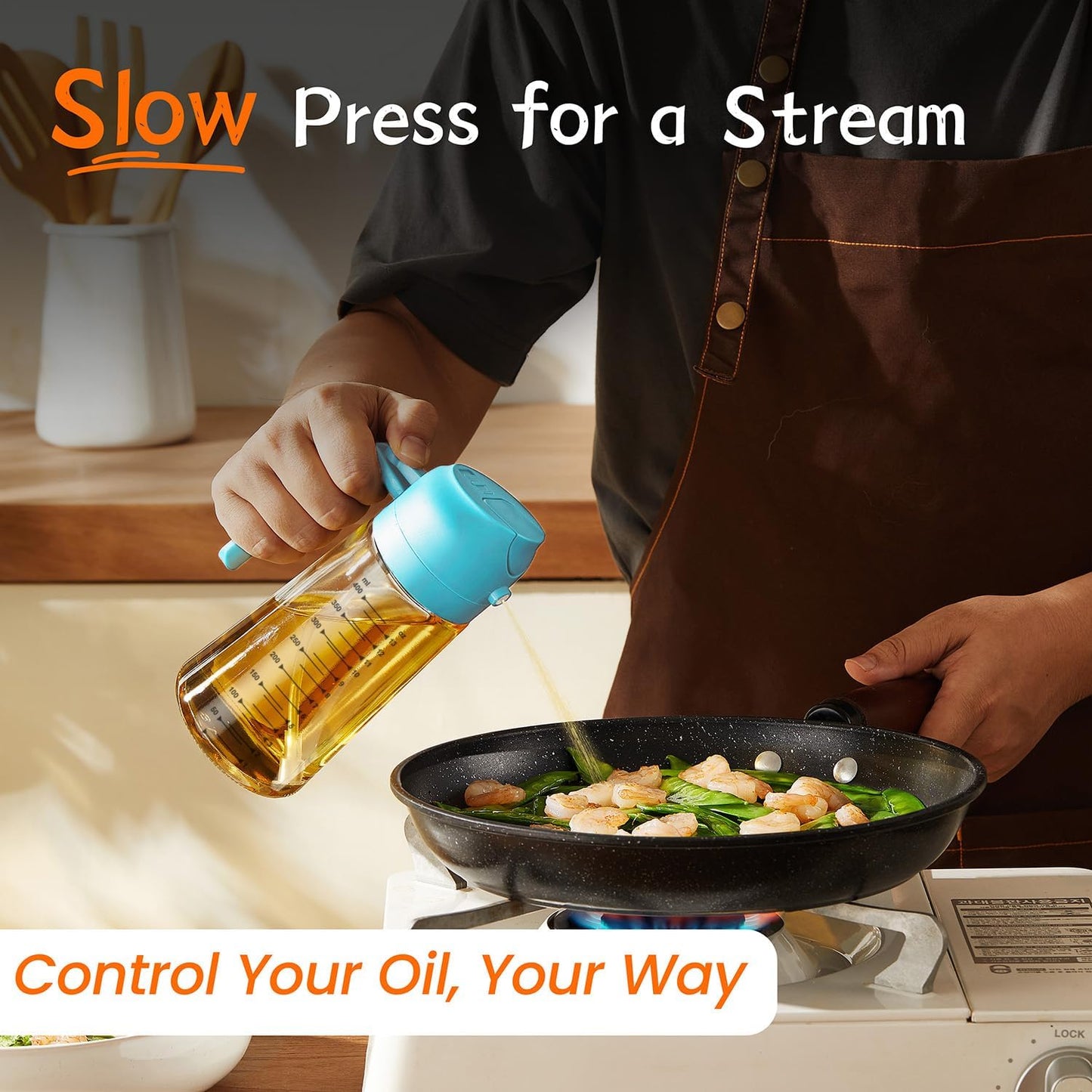 TrendPlain 16oz/470ml Glass Olive Oil Sprayer for Cooking – 2 in 1 Olive Oil Dispenser Bottle for Kitchen Gadgets and Air Fryer Accessories, Salad, BBQ - Green
