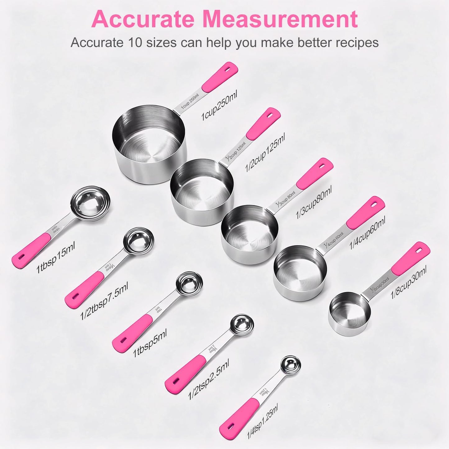 Bopei Measuring Cups and Spoons Set Stainless Steel 10 Piece for Cooking and Baking (5 Cups + 5 Spoons, Colorful Handles)
