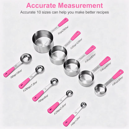 Bopei Measuring Cups and Spoons Set Stainless Steel 10 Piece for Cooking and Baking (5 Cups + 5 Spoons, Colorful Handles)
