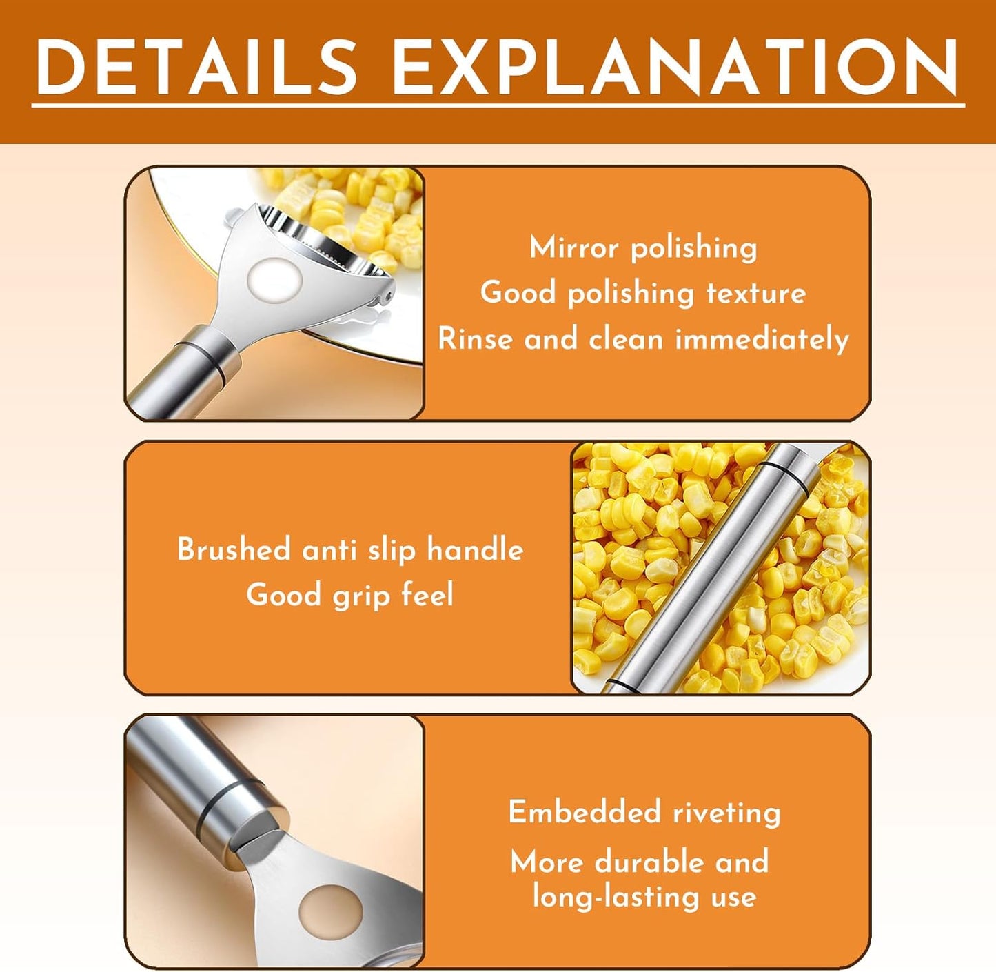 2Pcs Stainless Steel Corn Peeler & Kernel Remover Tool - 3-in-1 Corn Cob Stripper for Corn on the Cob, Pepper Seed Corer & Vegetable Slicer - Multi-Function Kitchen Gadget with Non-Slip Grip (Silver)