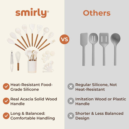 SMIRLY Kitchen Utensils Set – 22-Piece Silicone Cooking Utensils Set, Spatula Set with Holder, Wooden Handle Silicone Kitchen Gadgets for Nonstick Cookware