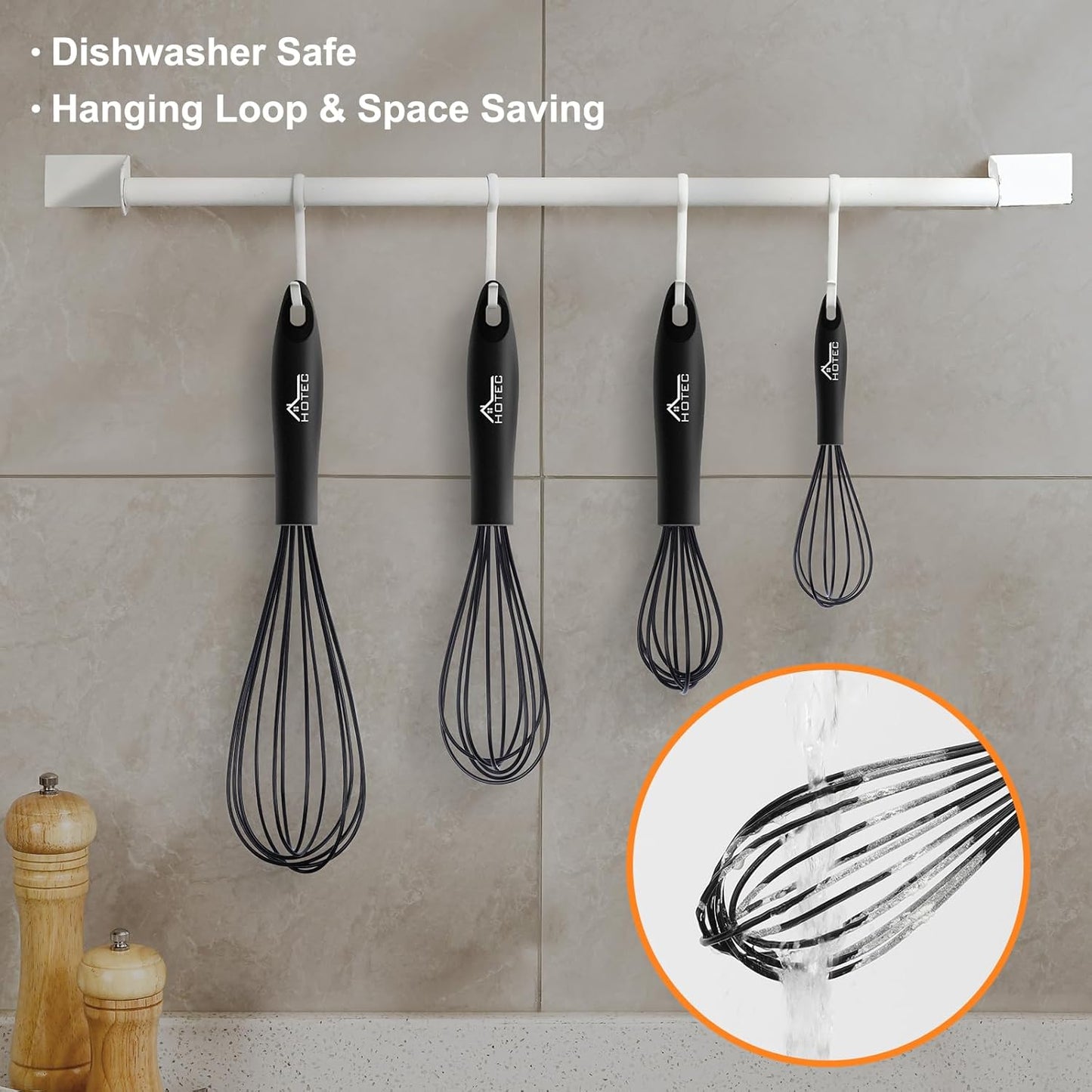 HOTEC 4 Pieces Silicone Whisks Set, Wire Balloon Whisks for cooking Egg Beater, Non-slip Handle Whisk for Non-stick Cookware Perfect for Cooking, Stirring, Beating and Blending (Multicolor)