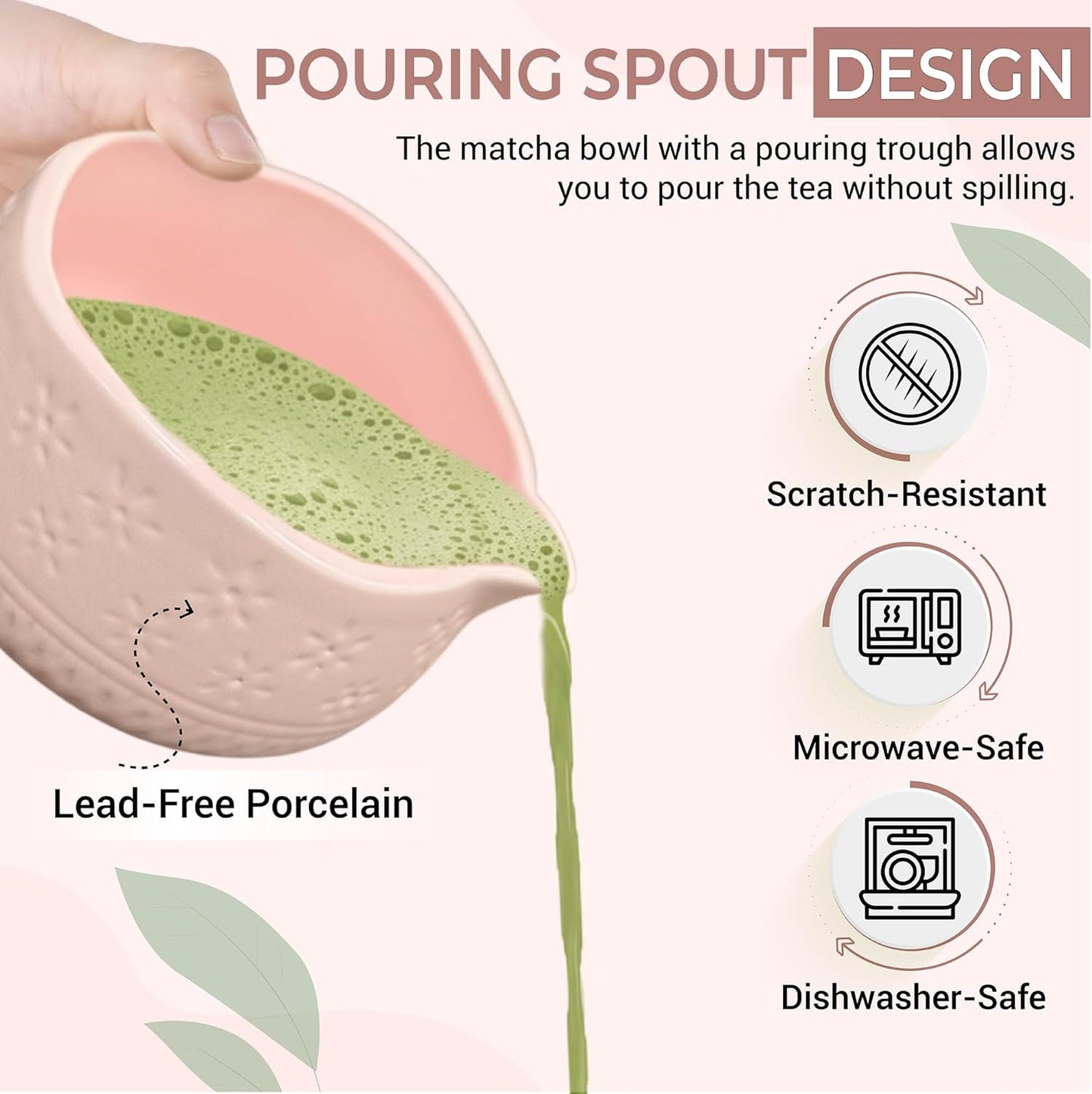 Matcha Whisk Set with Matcha Bowl - Matcha Set Included Electric Frother, Bamboo Whisk, Matcha Spoon, Bamboo Holder, Sifter, Spoon Stand (Blossom Pink)