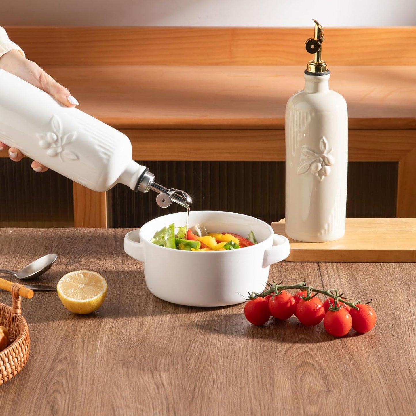 Sweejar Ceramic Olive Oil Dispenser Bottle for Kitchen Counter, 20 oz Oil Dispenser with Gold Spout, Avocado Oil Cruet for EVOO, Vinegar, Oil Container for Cooking, Pack of 1 (Beige)