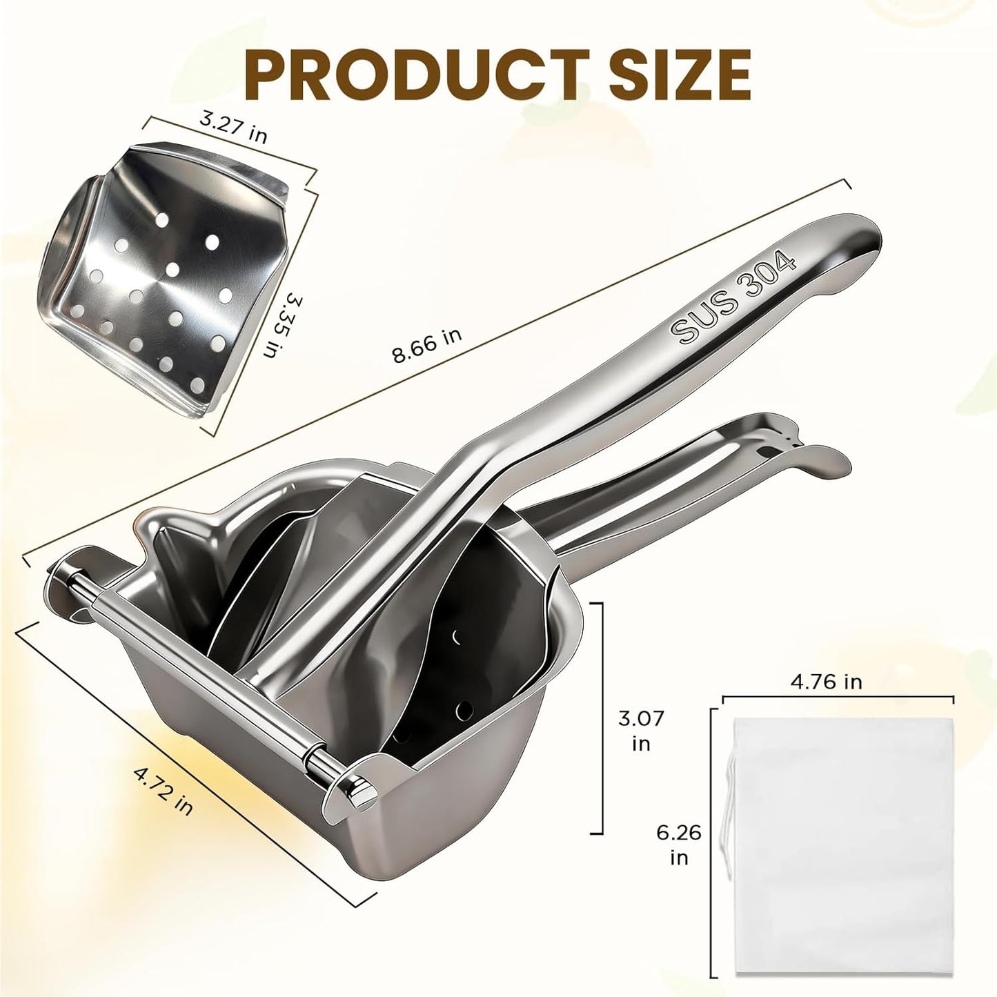 Fruit Juice Squeezer Manual Juicer – 304 Stainless Steel Hand Juicer Juice Press with Metal Filter filter bag, Easy to Use & Clean, Non-Slip Ergonomic Grip, for Lemon, Orange & Citrus
