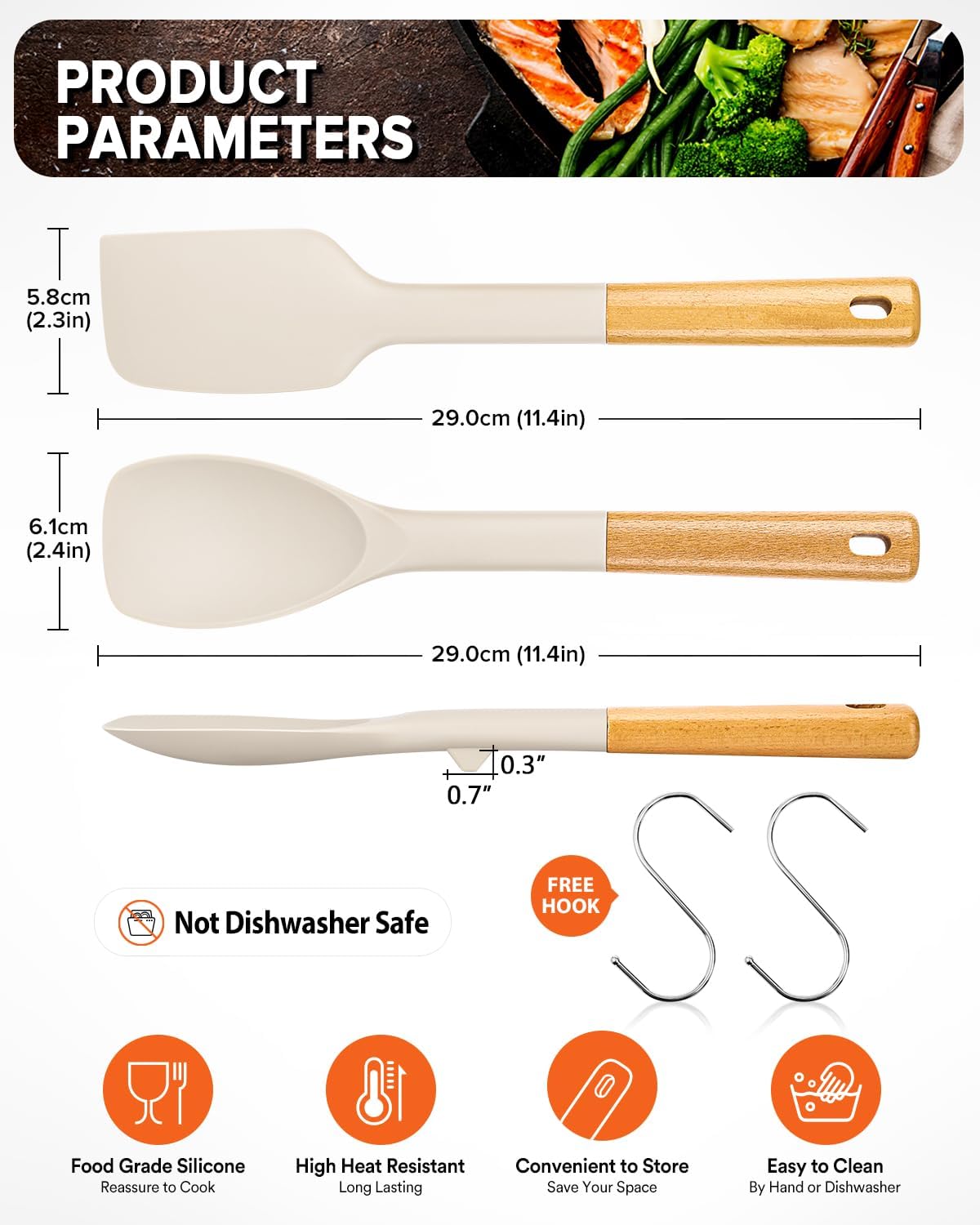 Silicone Spatula and Spoonula Set, Great For Stirring, Tough Mixing and Folding, Sturdy Bpa-Free Matte Silicone, Wooden Handle Rubber Scraper For Nonstick Cookwares (Grey)