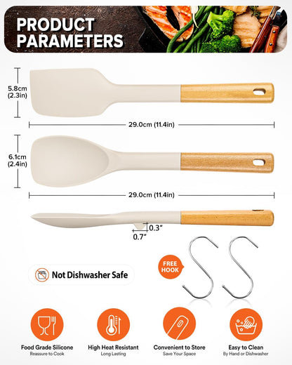 Silicone Spatula and Spoonula Set, Great For Stirring, Tough Mixing and Folding, Sturdy Bpa-Free Matte Silicone, Wooden Handle Rubber Scraper For Nonstick Cookwares (Grey)
