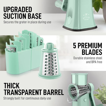 Zulay Kitchen Rotary Cheese Grater 5 Blade Cheese Shredder - Manual Hand Crank Cheese Grater With Reinforced Suction & 5 Interchangeable Drums - Easy to Use, Vegetable Chopper Round Mandoline Slicer - Colors B
