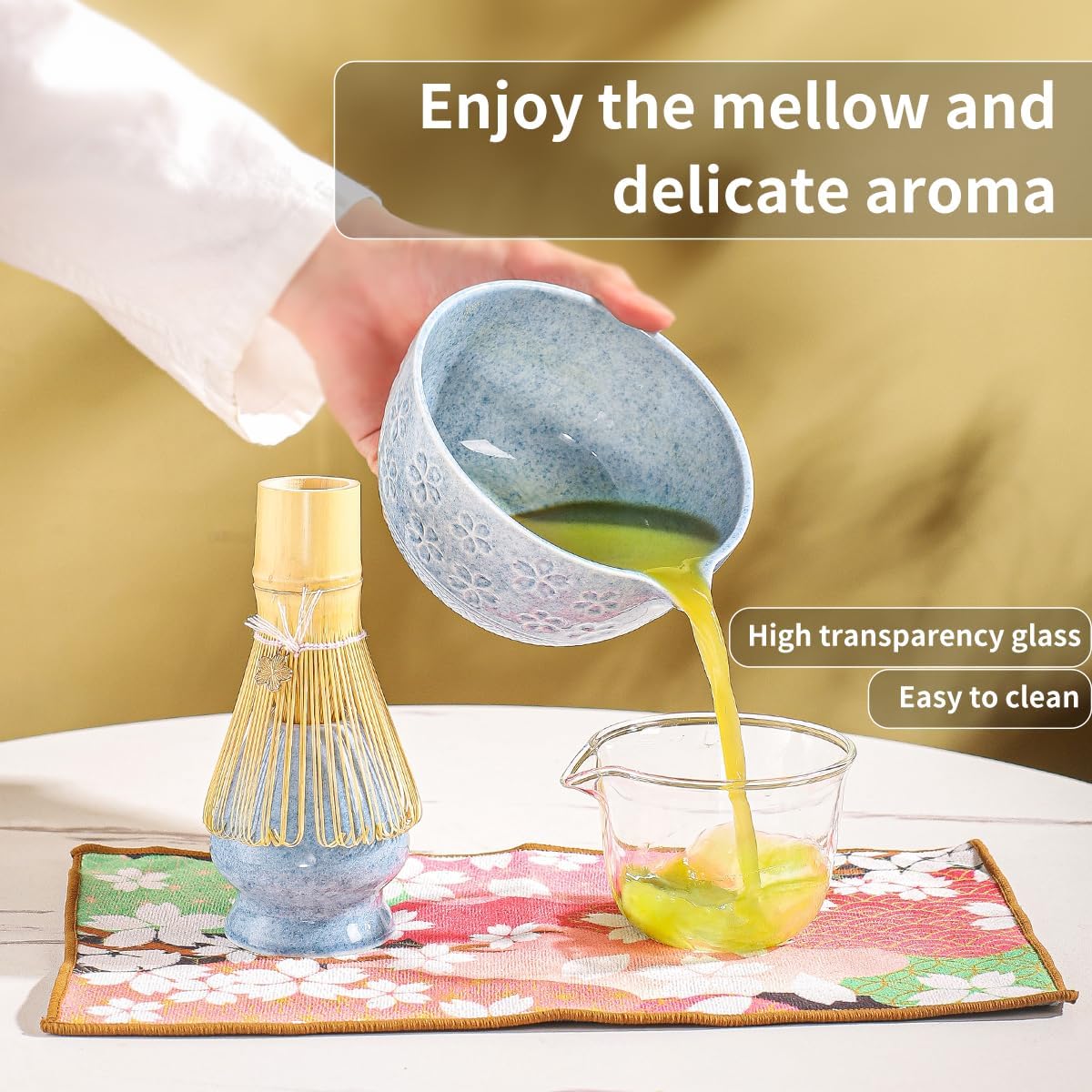 8-Piece Matcha Ceremony Set - Tea Kit with Cherry Blossom Bowl, Bamboo Whisk, Wood Scoops, Tea Cloth & Floral Display - Gift-Ready Pink Cherry color box (blue)