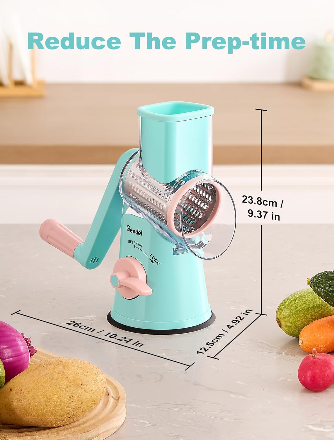 Geedel Rotary Cheese Grater, Kitchen Mandoline Vegetable Slicer with 3 Interchangeable Blades, Easy to Clean Grater for Fruit, Vegetables, Nuts