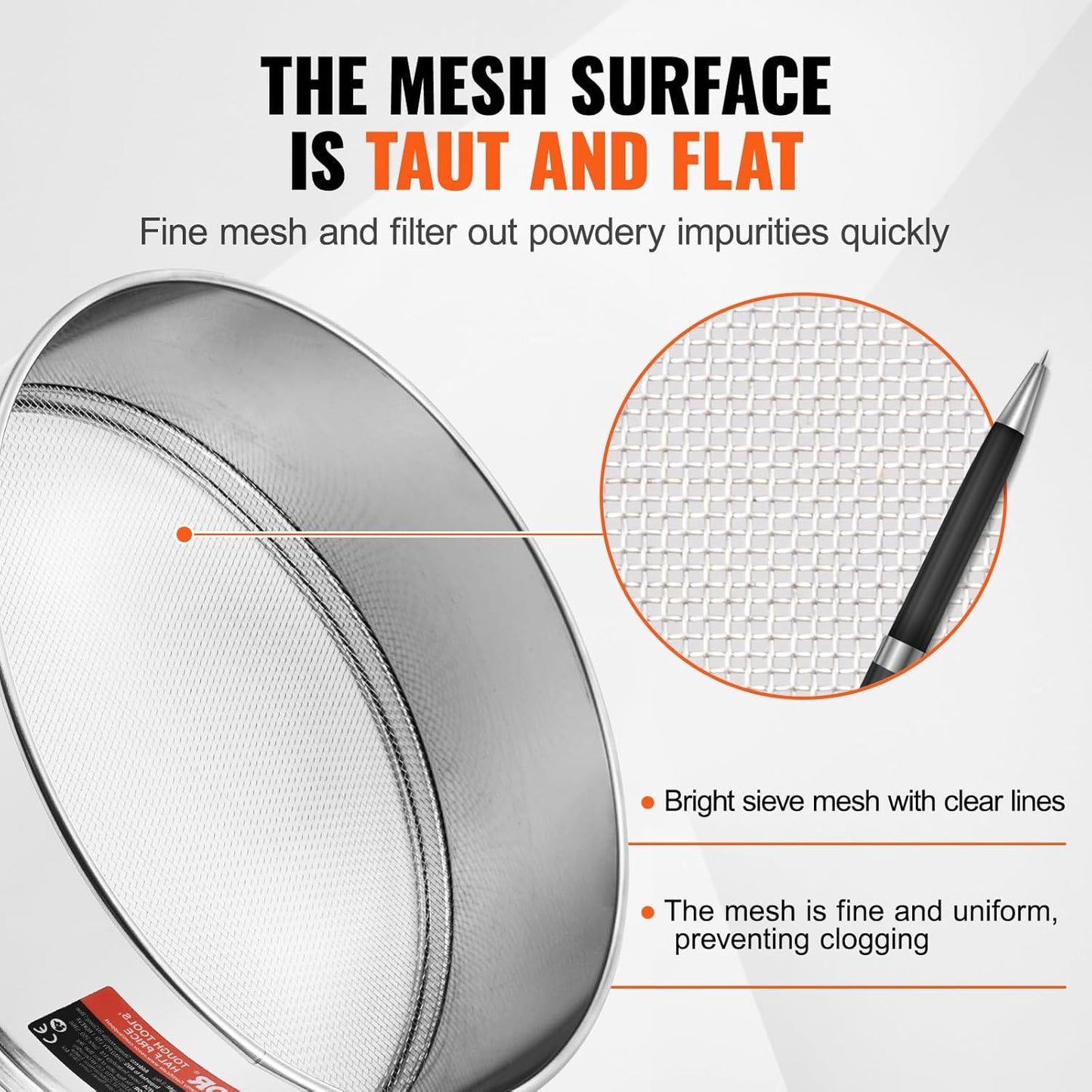 VEVOR Fine Mesh Flour Sieve, 150 Mesh Sifter, 304 Stainless Steel Food-Grade, 12.6" Strainer for Baking, 5 Sizes Mesh Hole for Mungbean, Rice, Pearl Powder