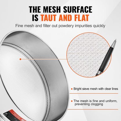 VEVOR Fine Mesh Flour Sieve, 150 Mesh Sifter, 304 Stainless Steel Food-Grade, 12.6" Strainer for Baking, 5 Sizes Mesh Hole for Mungbean, Rice, Pearl Powder