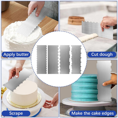 2 Pcs Stainless Steel Cake Scraper, 8.6-inch Double Sided Patterned Edge Stripe Edge Smoother Scraper, Cake Decorating Comb Metal Cake Scraper for Butter Mousse Cream Decoration