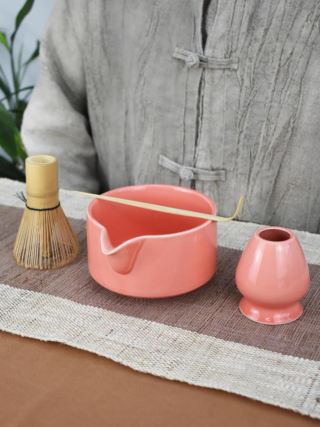 Artcome 4 Pcs Complete Matcha Ceremony Kit - Japanese Bowl With Pouring Spout, Whisk, Holder, Scoop - Tea Set for Making Usucha, Koicha and Latte (Green)
