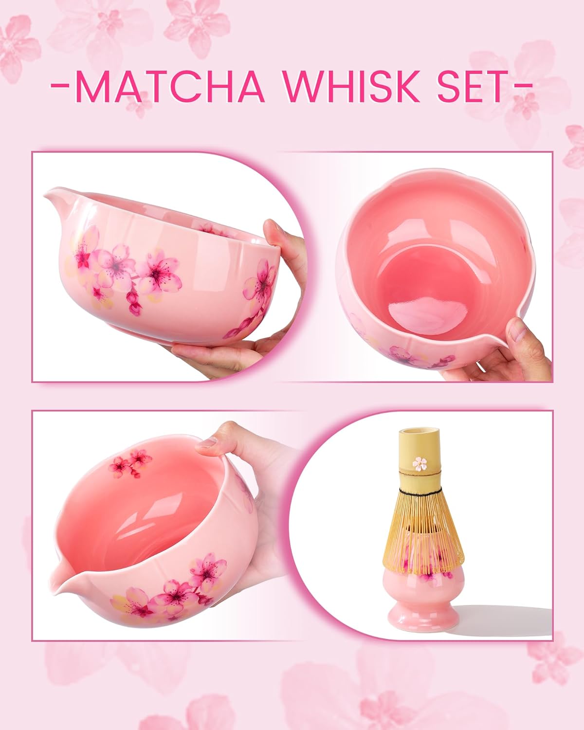 Matcha Whisk Set, 6pcs Matcha Kit Includes Large Matcha Bowl, Bamboo Whisk & Scoop with Cute Charm, Chasen Holder, Innovative Sifter, Tea Mat for Japanese Tea Ceremony-Floral Pattern