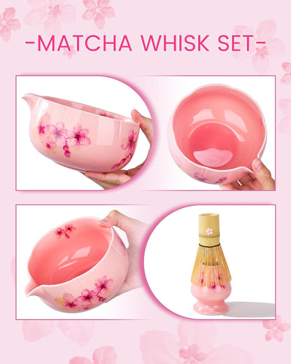 Matcha Whisk Set, 6pcs Matcha Kit Includes Large Matcha Bowl, Bamboo Whisk & Scoop with Cute Charm, Chasen Holder, Innovative Sifter, Tea Mat for Japanese Tea Ceremony-Floral Pattern