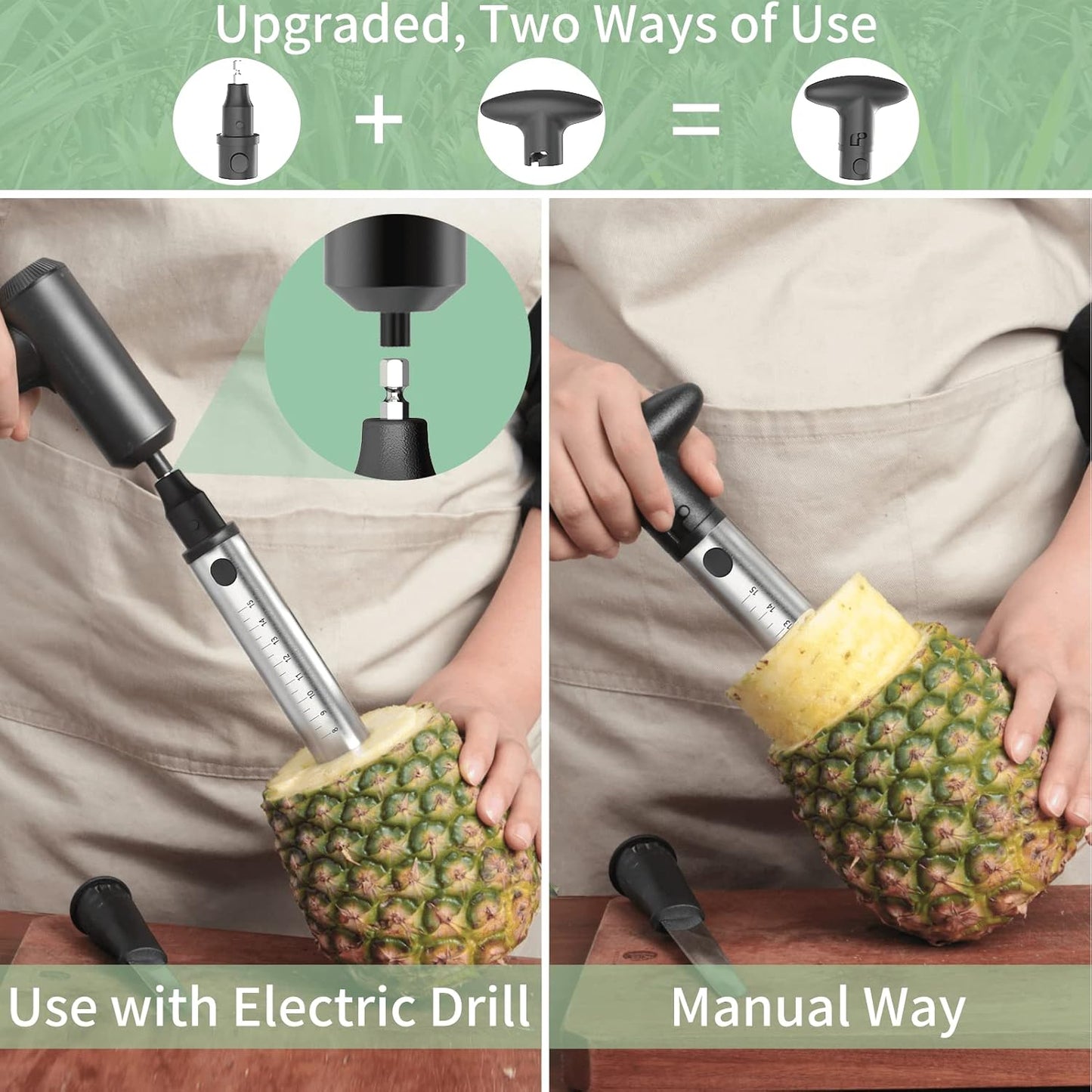 Newness Pineapple Corer with Knife, [Upgraded, Electric & Manual] Stainless Steel Fruit Pineapple Cutter with Electric Drill Accessory, Pineapple Slicer Remover Kitchen Tool with Measure Mark, Yellow