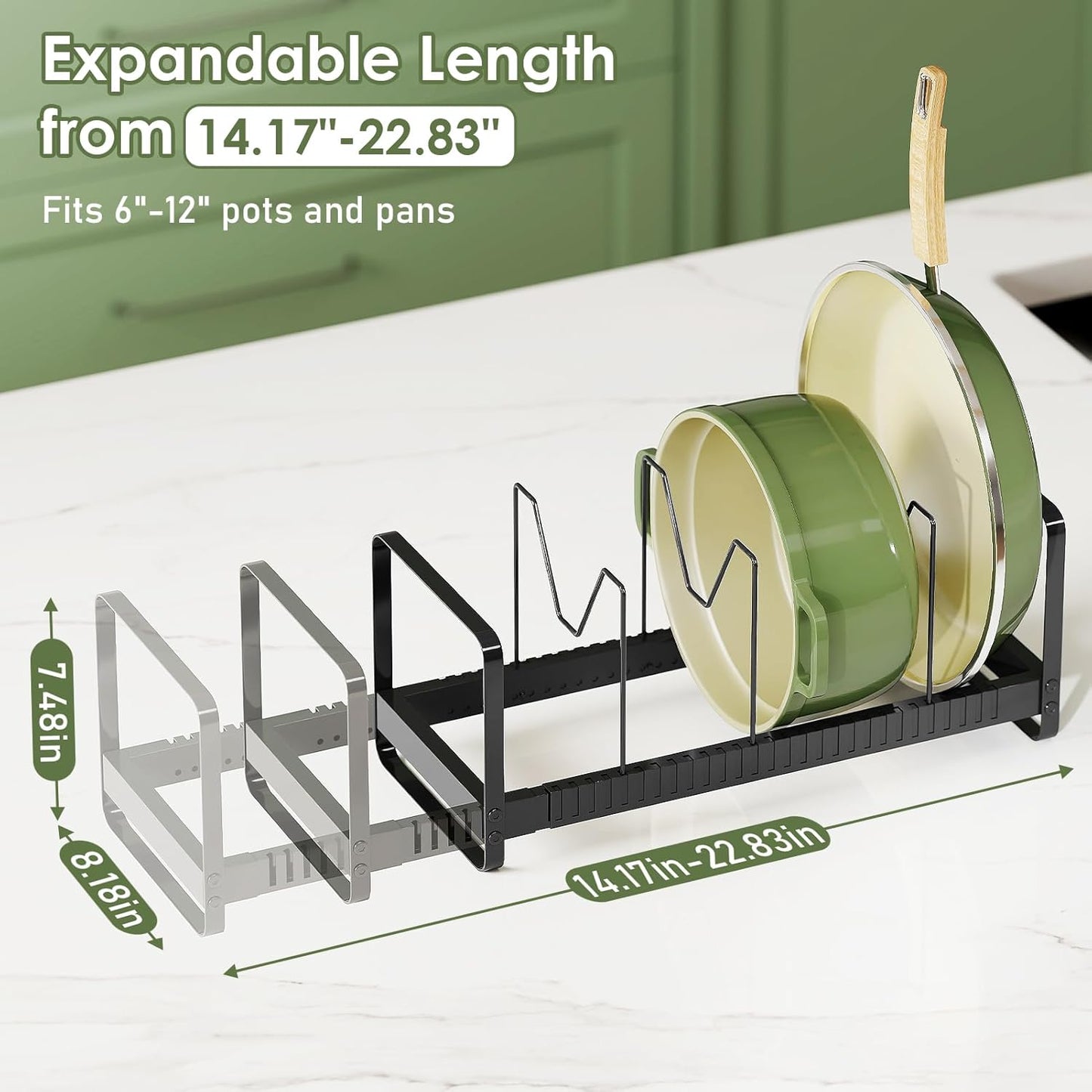 MUDEELA Pots and Pans Organizer Rack for under Cabinet, Expandable 11.81''-22.85'' Pot Lid Kitchen Cabinet Organizer Holder with 10 Adjustable Compartment Cutting Board Organizer for Pan Lid, Bakeware