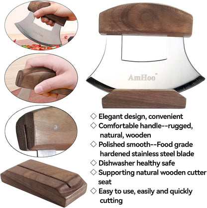 Amhoo Pizza Cutter Chef Mezzaluna Ulu Knife Handle Color Wood Grip Sharp Rocker Slicer Stainless Steel Blade Salad Onion Vegetable Chopper with Holder Base Christmas Gifts