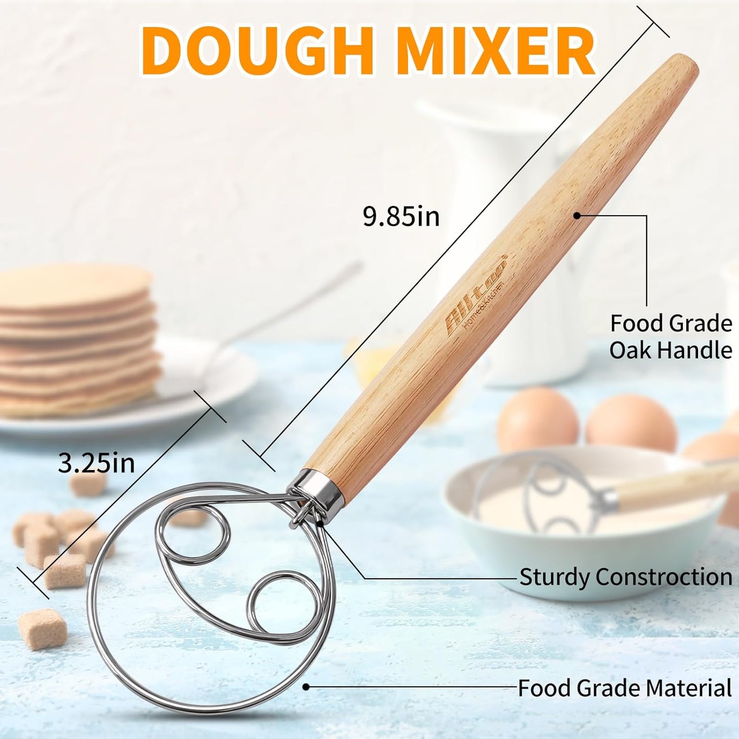 ALLTOP Danish Dough Whisk - Ultimate Dutch Mixer Hand Utensil with Stainless Steel Dough Hook - Essential Sourdough Stirring Stick for Perfect Bread Making Tool