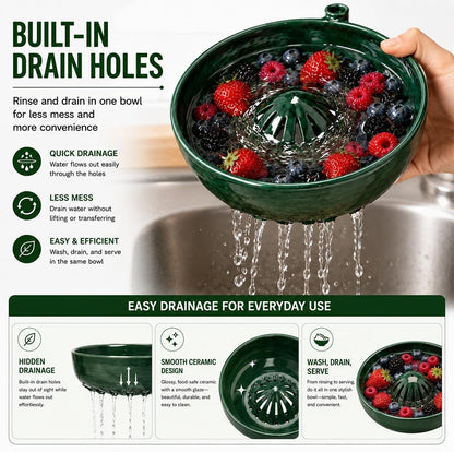 Self Spinning Berry Washing Bowl Ceramic with Drain Holes, Automatic Berry Wash Bowl for Fruits & Vegetables (1PC)