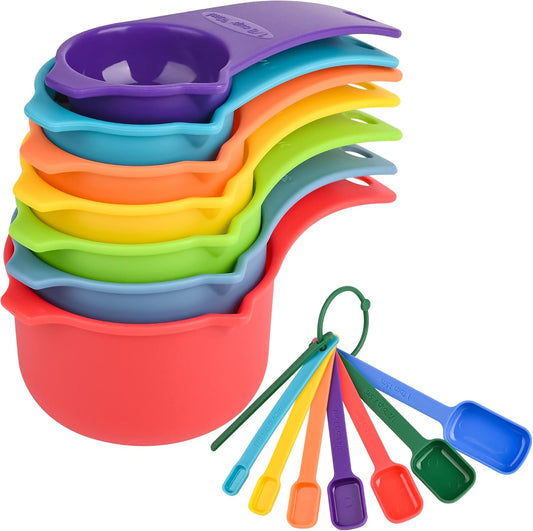 Plastic Measuring Cups and Spoons Set 15, Purple Dry & Liquid 7 Measuring Cups & 7 Measuring Spoons with Leveler, Metric & US Kitchen Measure Cups Spoons for Cooking & Baking