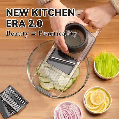 Multi-function 6 in 1 Mandoline Safe Vegetable Fruit Manual Slicer/Shredder Chopper Interchangeable Handheld Shining Transparent Exquisite Thickened Plastic Board Kitchen Prep Tool for Onion Garlic