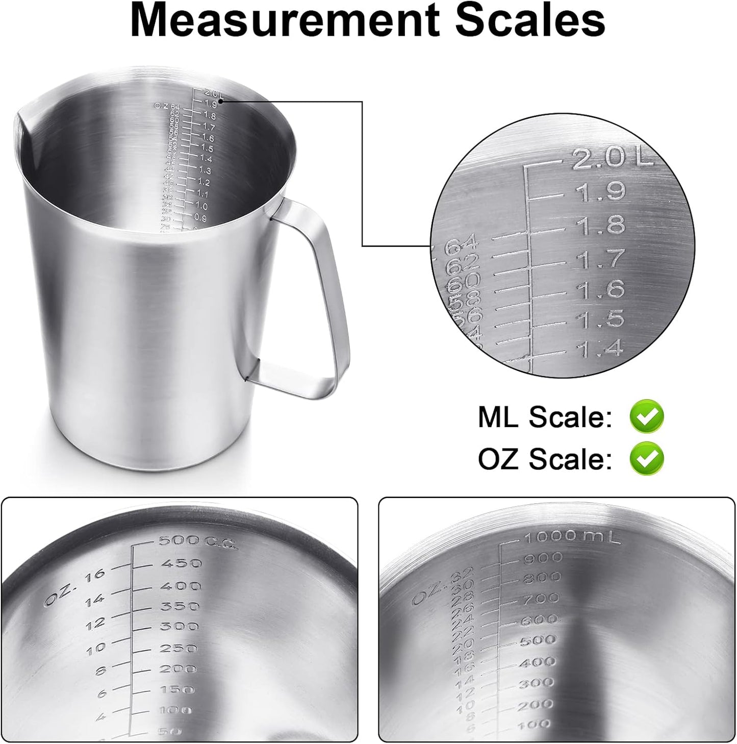 Flutesan 3 Pcs Stainless Steel Measuring Cups Measuring Pitcher with Handle with Markings for Latte Art, Water Pouring 2/4/8 Cup (16/32/64 oz)