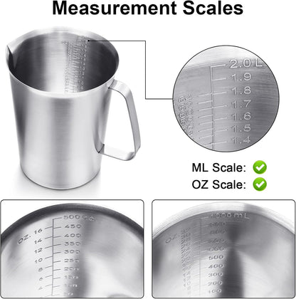 Flutesan 3 Pcs Stainless Steel Measuring Cups Measuring Pitcher with Handle with Markings for Latte Art, Water Pouring 2/4/8 Cup (16/32/64 oz)
