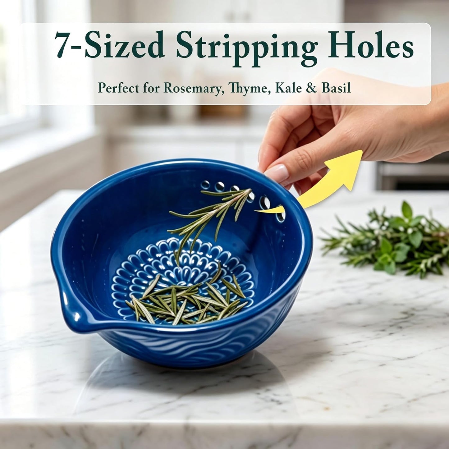 Ceramic Grater Bowl with Herb Stripper & Cleaning Brush, 3-in-1 Kitchen Tool for Garlic, Ginger & Vegetables, Easy to Clean Stripping Bowl for Kale, Rosemary, Thyme, and Basil, Dishwasher Safe-Green
