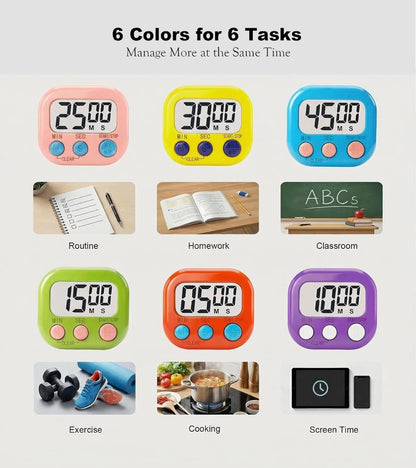 Digital Timer for Classroom Teachers Students, Magnetic Kitchen Countdown Timer, Easy Timers for Kids Homework Study Cooking Gym Game, 6 Pcs