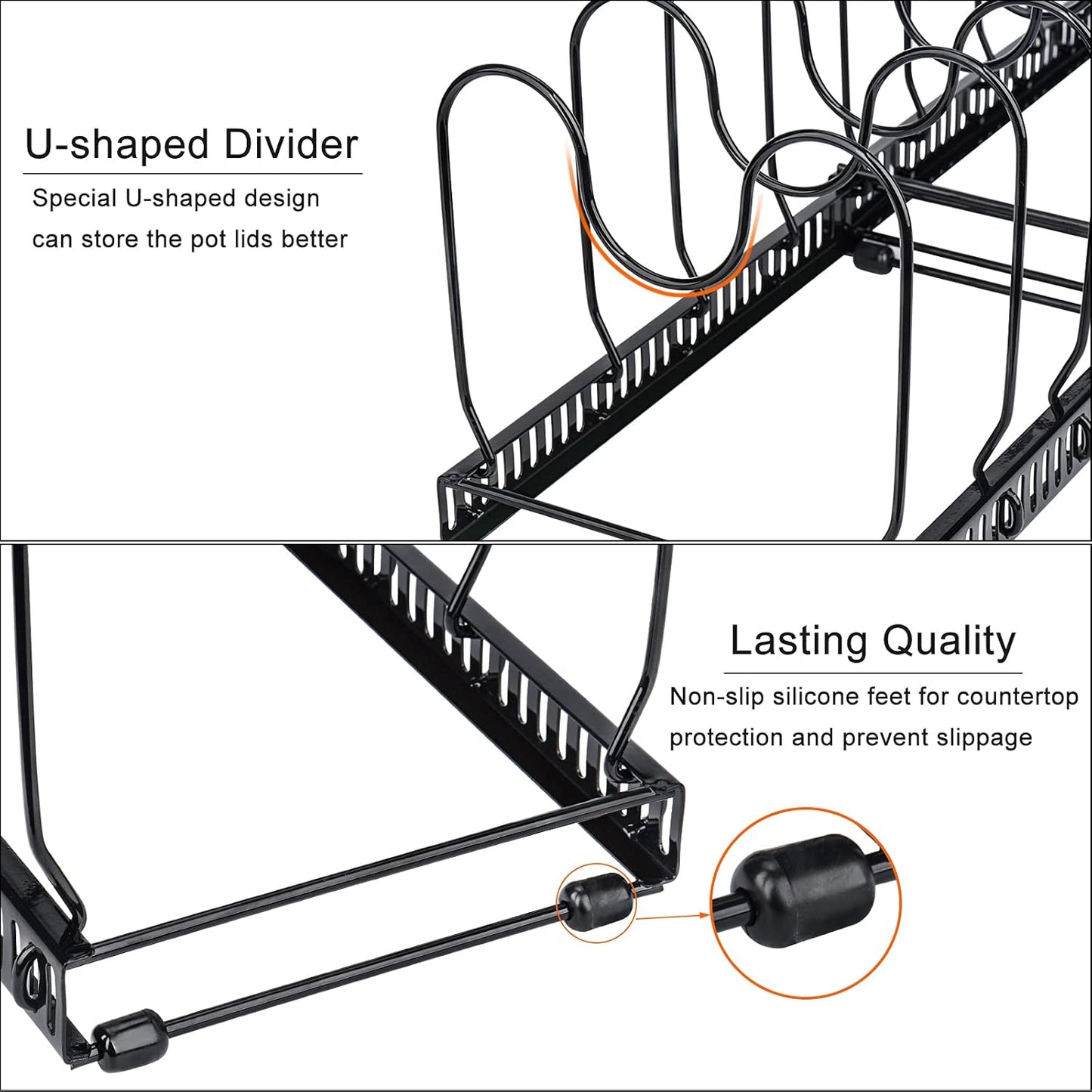 Toplife Pot Lids Organizer Rack for Cabinet and Countertop, 7+ Pan Lids and Bakeware Organizer Rack Holder with 7 Adjustable Compartments - Brown